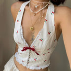 Cherry Print Halter Cami Top with Bow Detail