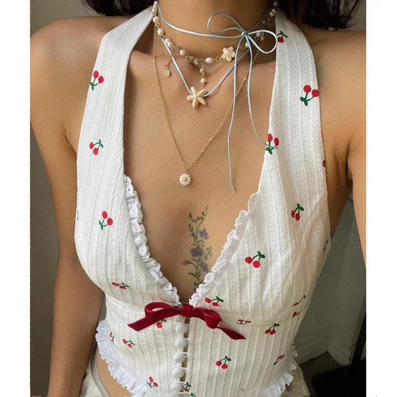 Cherry Print Halter Cami Top with Bow Detail