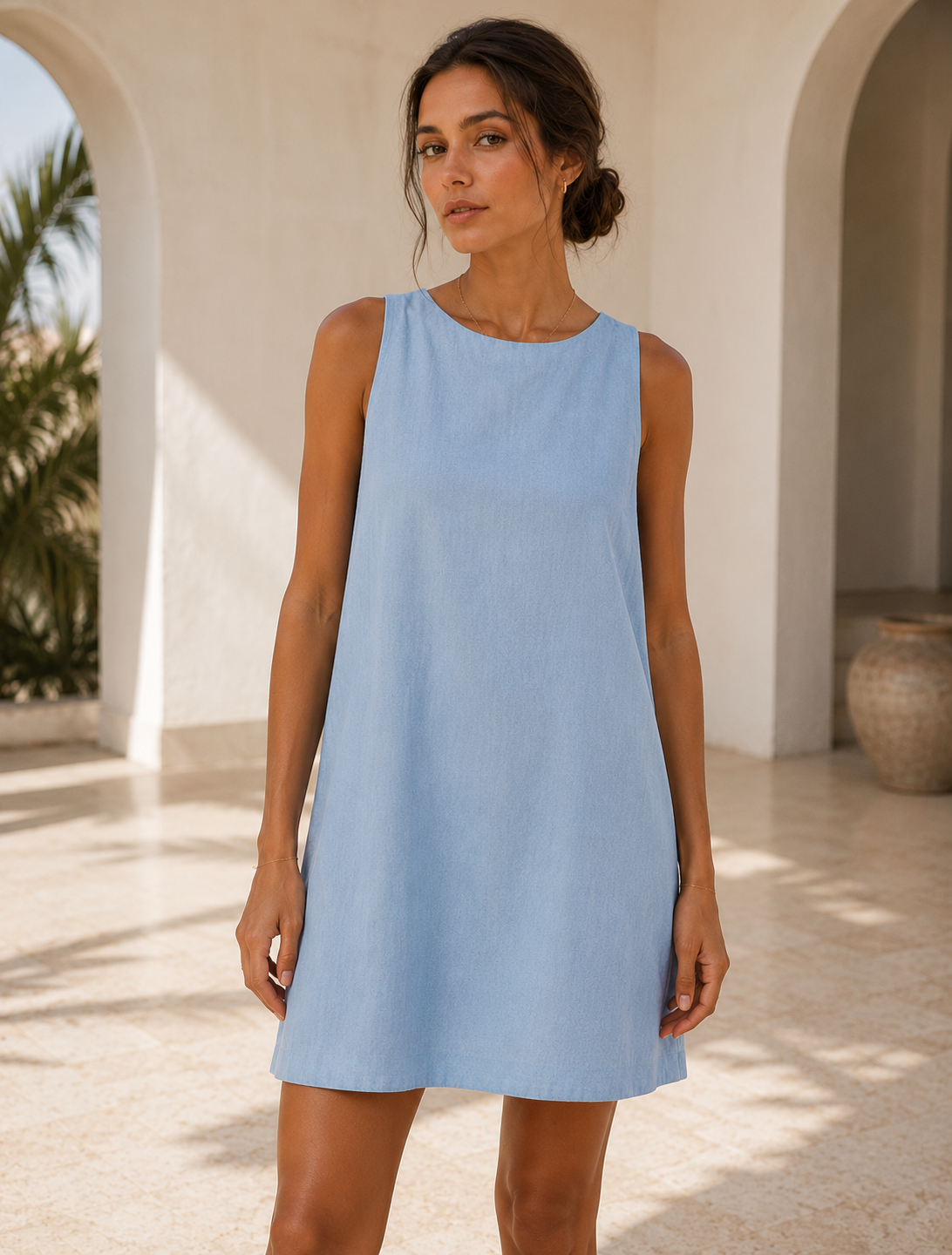 Cotton Backless Sleeveless Crew Neck Mini Dress