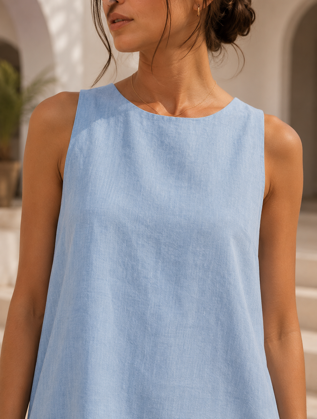 Cotton Backless Sleeveless Crew Neck Mini Dress