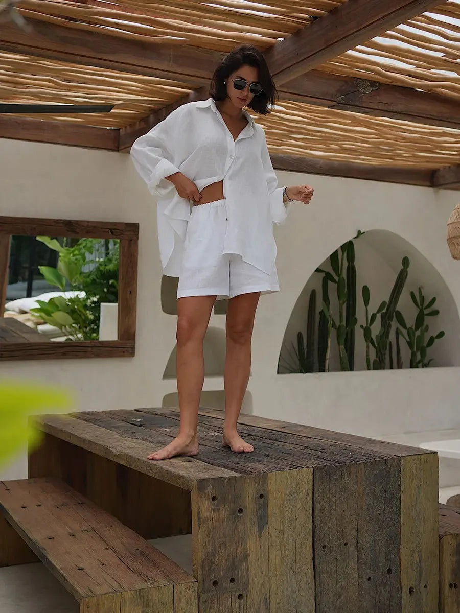 Cotton Button Down Shirt and Shorts Co-ord Set