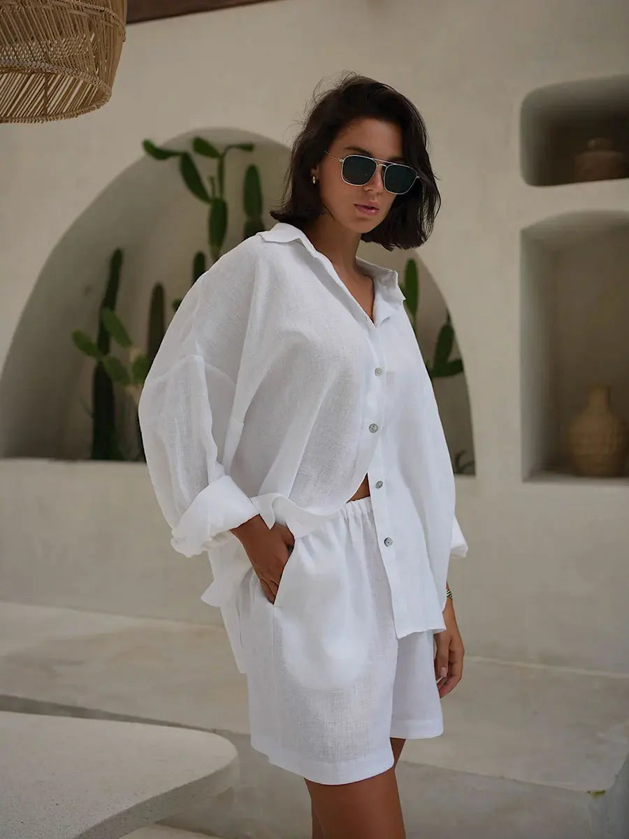 Cotton Button Down Shirt and Shorts Co-ord Set