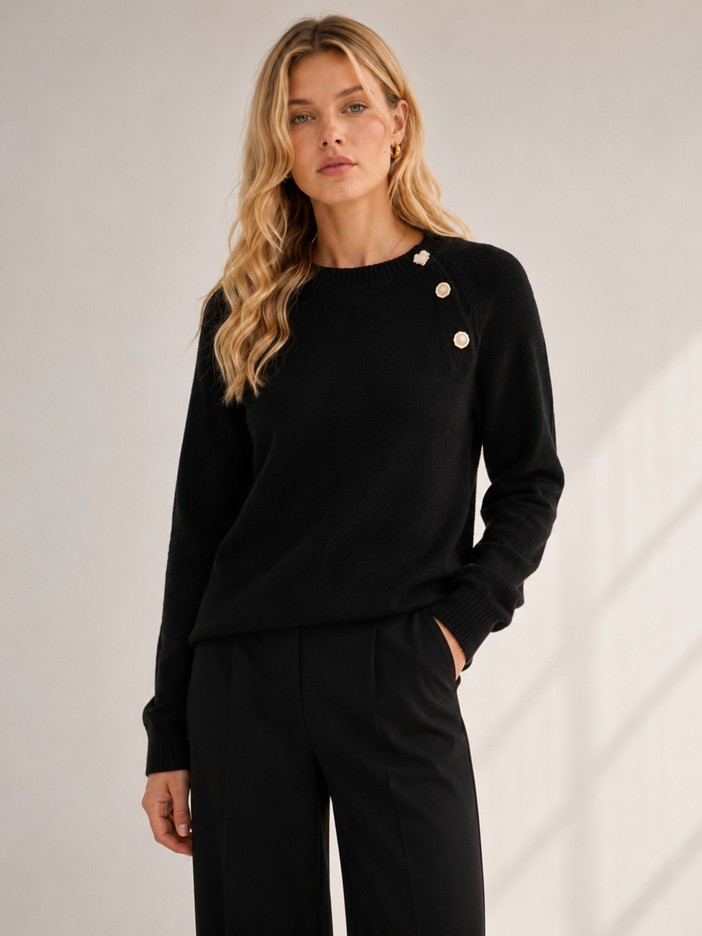 Crew Neck Button Detail Knit Sweater