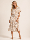 Crew Neck Polka Dot Button Front Drawstring Midi Dress