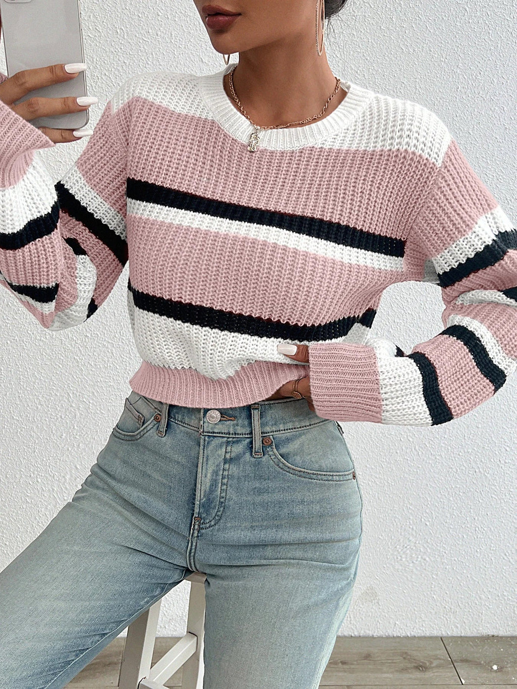 Crew Neck Stripe Drop Shoulder Oversized Knit Sweater