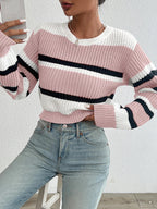 Crew Neck Stripe Drop Shoulder Oversized Knit Sweater