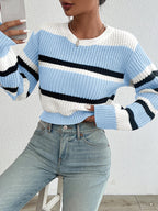 Crew Neck Stripe Drop Shoulder Oversized Knit Sweater