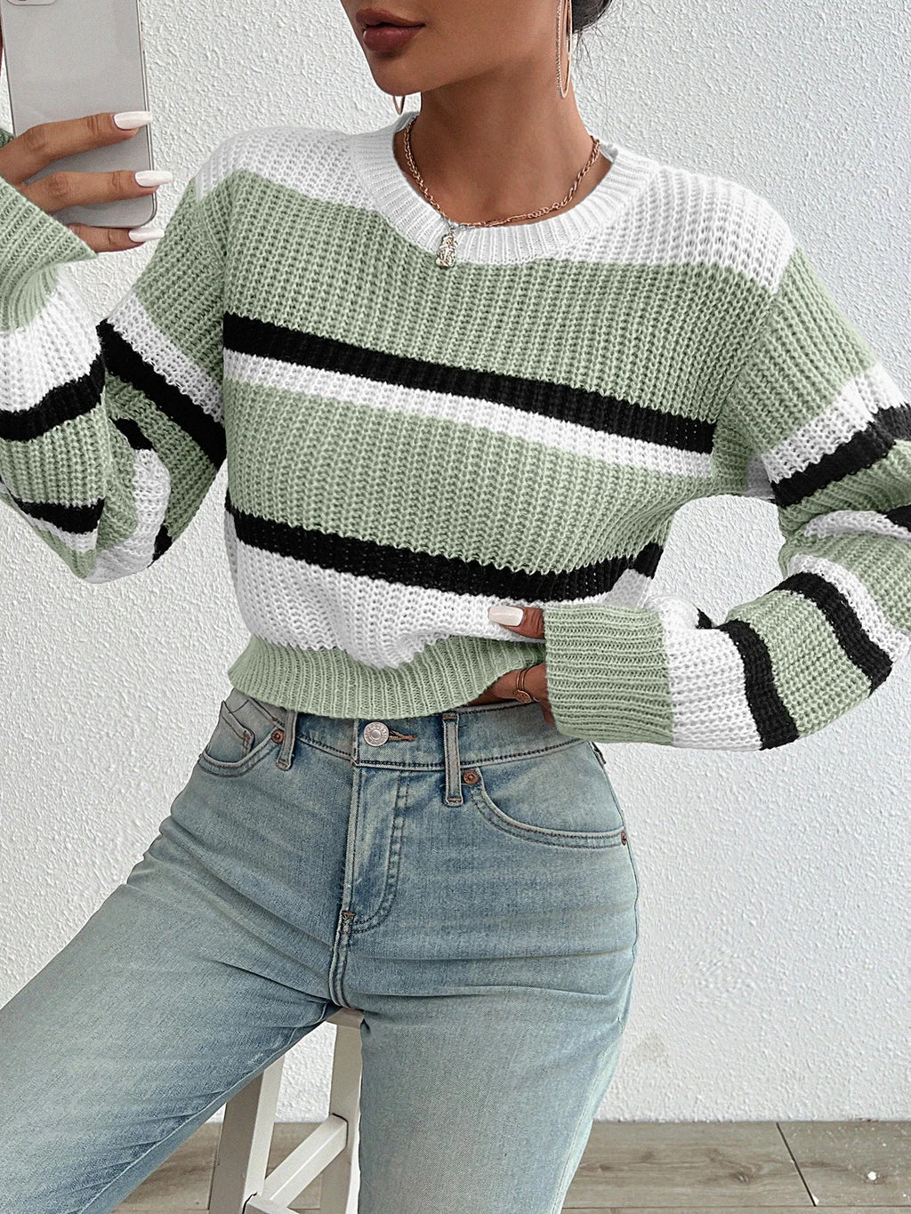 Crew Neck Stripe Drop Shoulder Oversized Knit Sweater