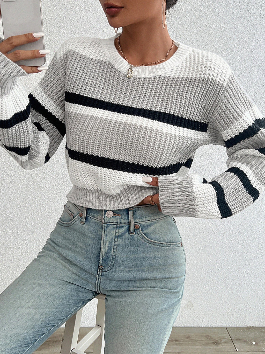 Crew Neck Stripe Drop Shoulder Oversized Knit Sweater