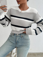 Crew Neck Stripe Drop Shoulder Oversized Knit Sweater