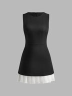 Crew Neck Two Tone Pleated Mini Dress