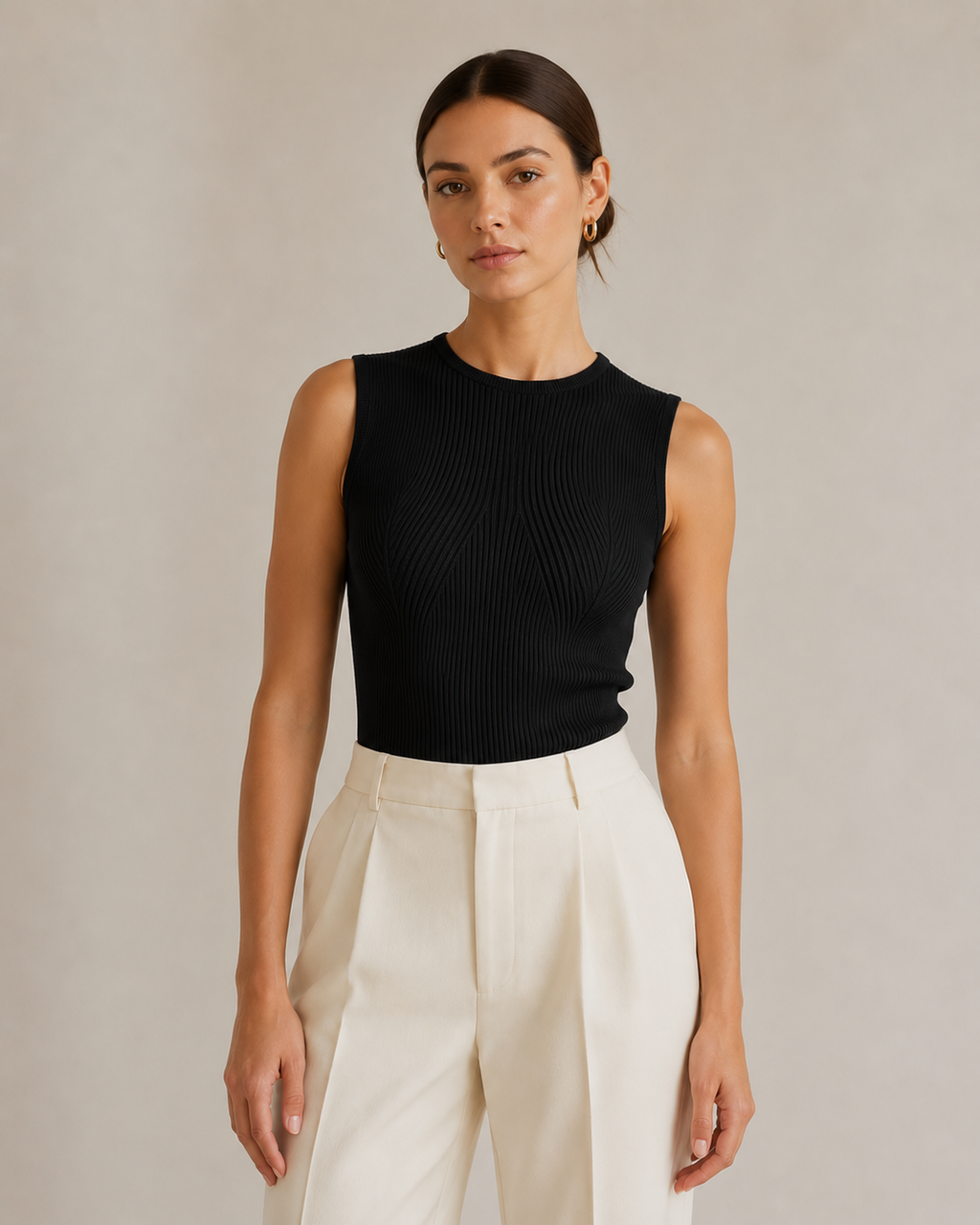 Crew Neck Sculpted Seam Ribbed Knit Tank Top