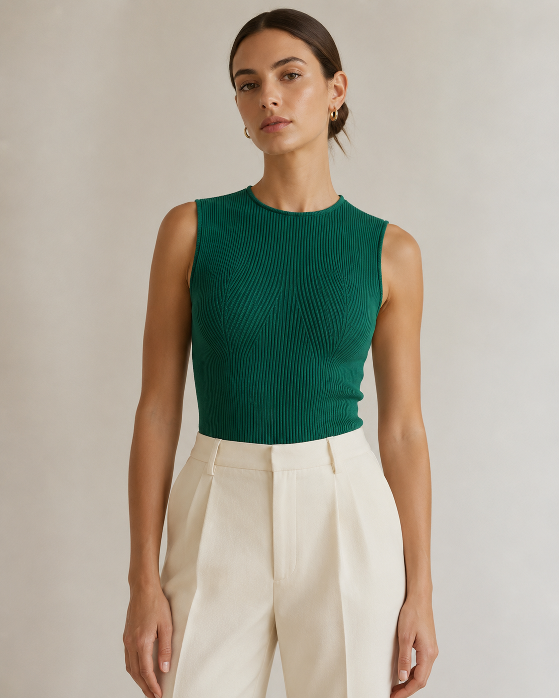 Crew Neck Sculpted Seam Ribbed Knit Tank Top
