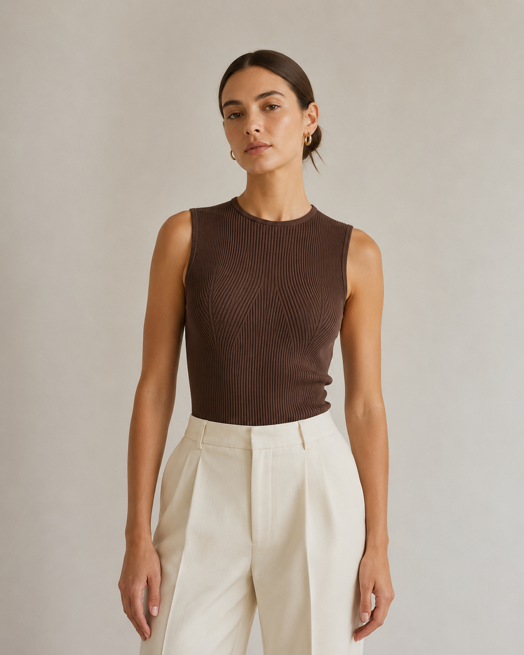 Crew Neck Sculpted Seam Ribbed Knit Tank Top