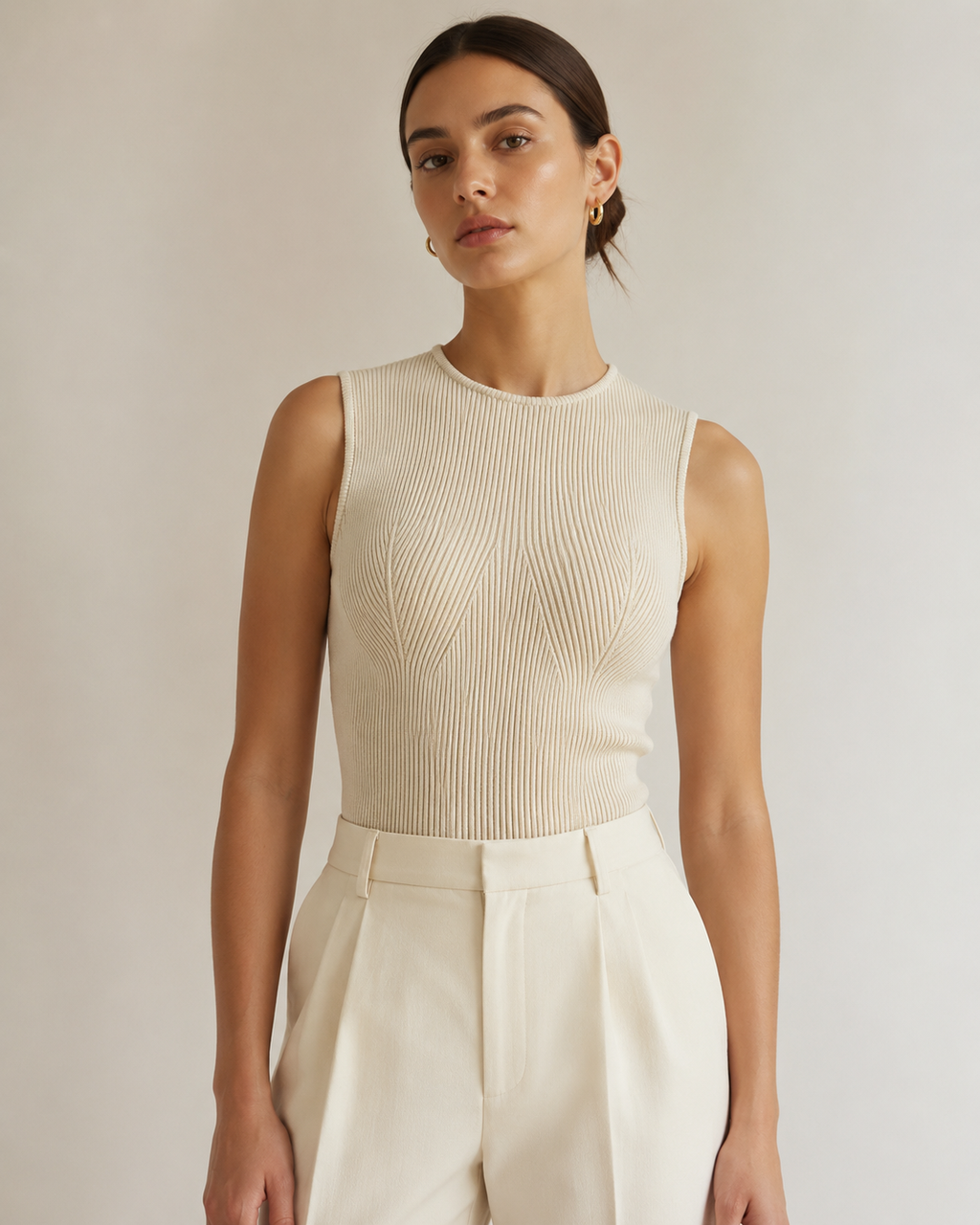 Crew Neck Sculpted Seam Ribbed Knit Tank Top