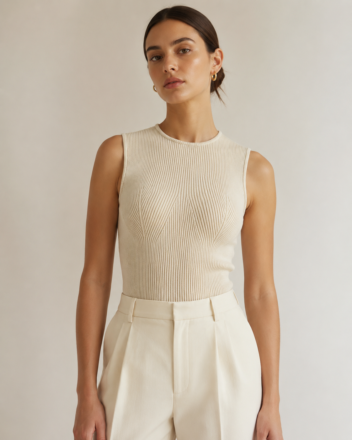 Crew Neck Sculpted Seam Ribbed Knit Tank Top