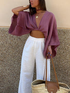 Cropped Blouse with Tie Front