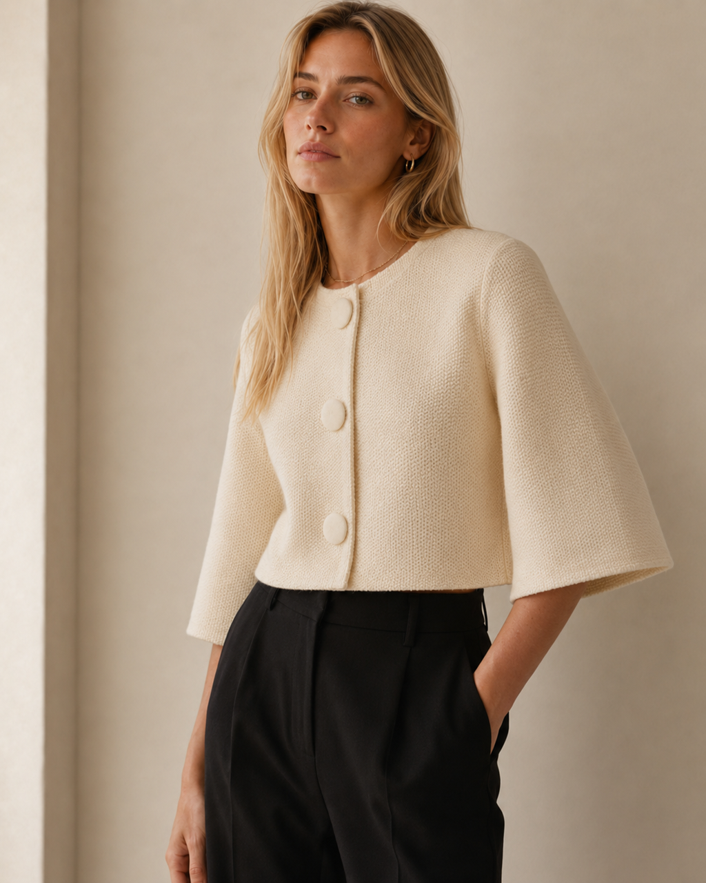Cropped Crew Neck Knit Bolero Cardigan