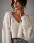Cropped V-Neck Crochet Knit Sweater