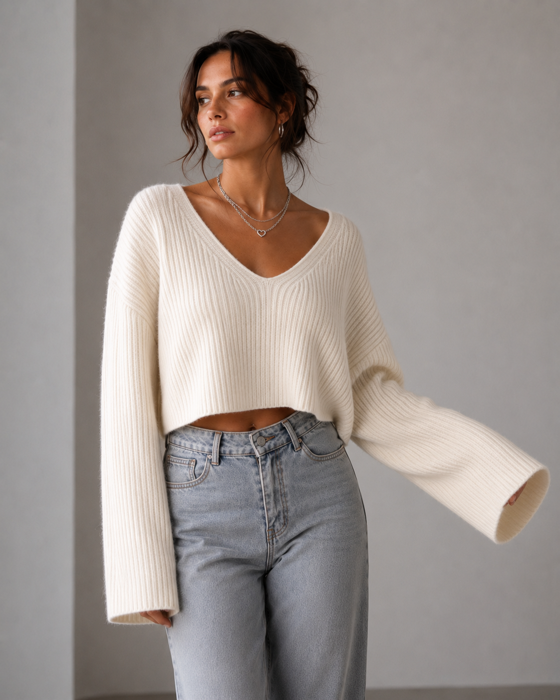 Cropped V-Neck Crochet Knit Sweater