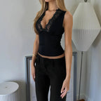 Deep V-Neck Lace Panel Cami Top