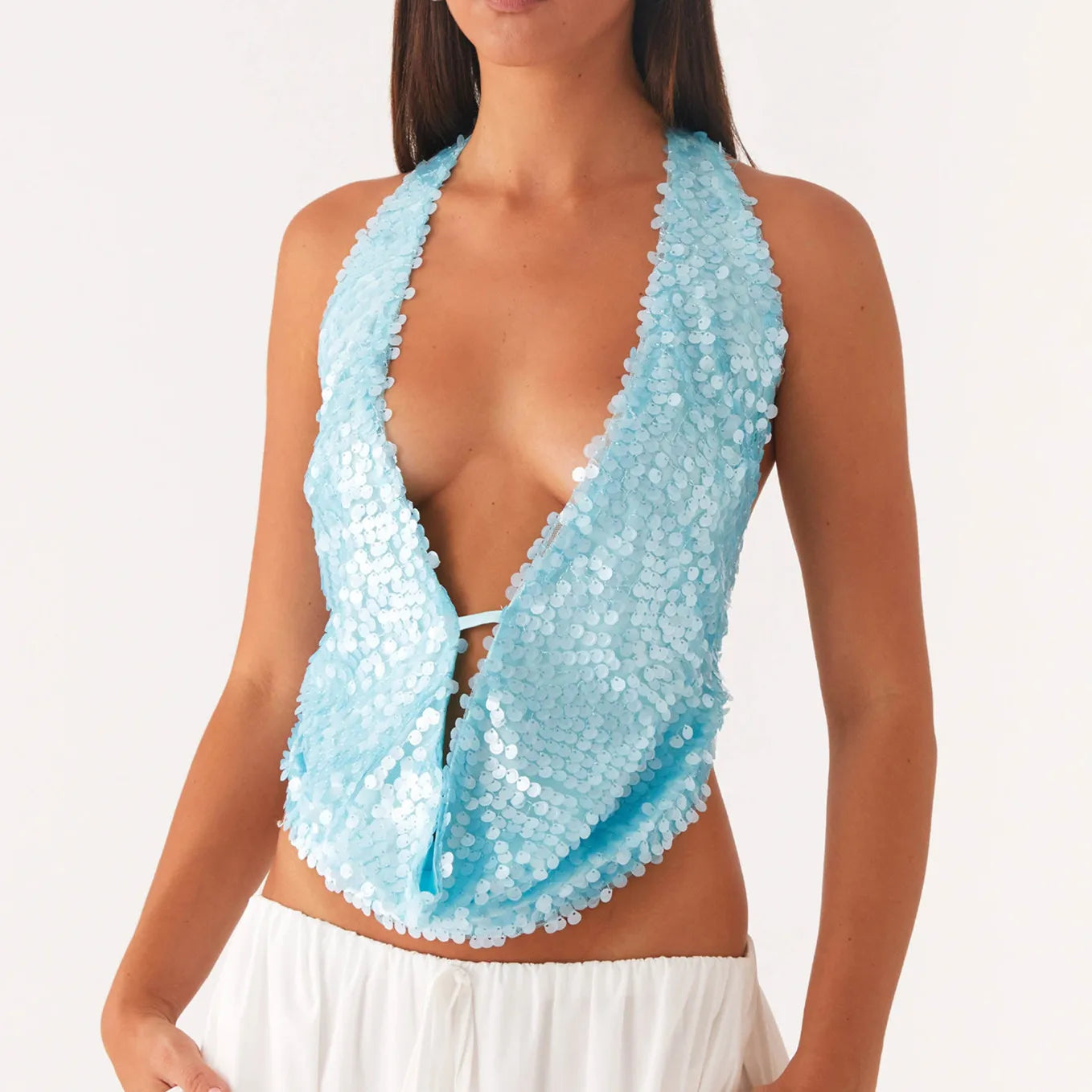 Deep V-Neck Sequin Halter Top