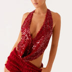 Deep V-Neck Sequin Halter Top