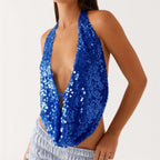Deep V-Neck Sequin Halter Top