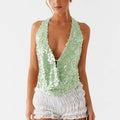 Deep V-Neck Sequin Halter Top