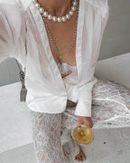Deep V-Neck Sheer Button Down Blouse