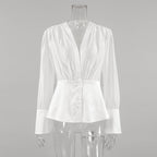 Deep V-Neck Sheer Button Down Blouse