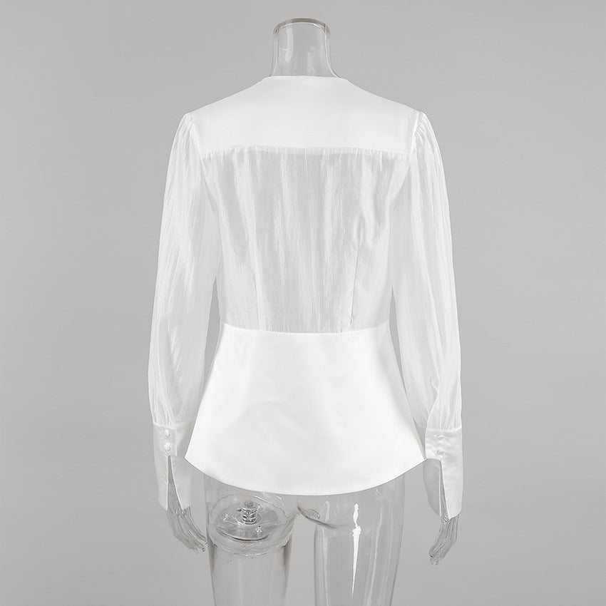 Deep V-Neck Sheer Button Down Blouse