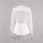 Deep V-Neck Sheer Button Down Blouse