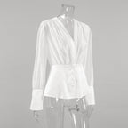 Deep V-Neck Sheer Button Down Blouse