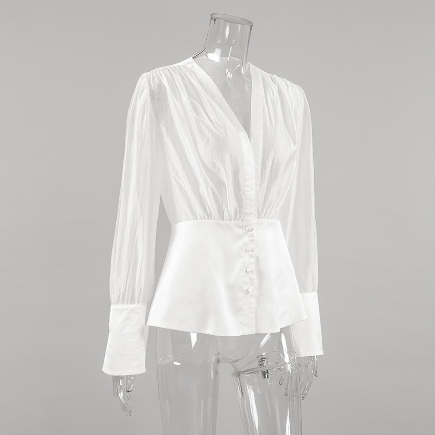 Deep V-Neck Sheer Button Down Blouse