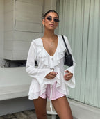 Deep V-Neck Top with Ruffle Detail