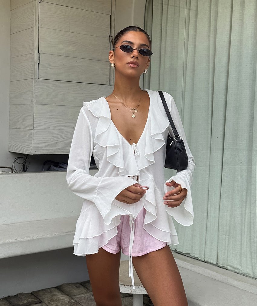 Deep V-Neck Top with Ruffle Detail