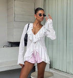 Deep V-Neck Top with Ruffle Detail