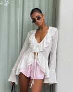 Deep V-Neck Top with Ruffle Detail