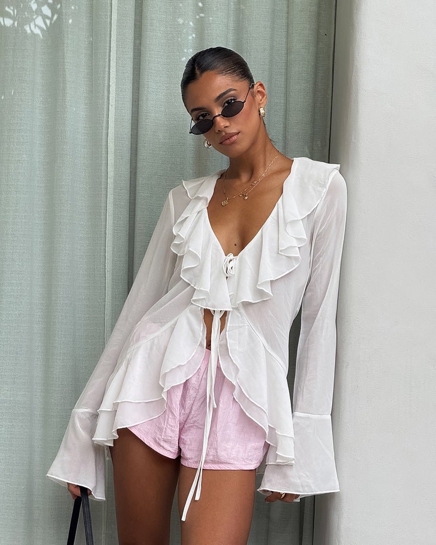 Deep V-Neck Top with Ruffle Detail