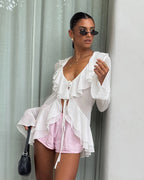 Deep V-Neck Top with Ruffle Detail