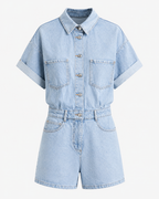 Denim Button Front Short Sleeve Jumpsuit