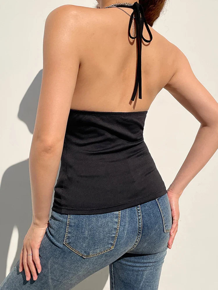 Eyelet Lace Up Backless Crop Top