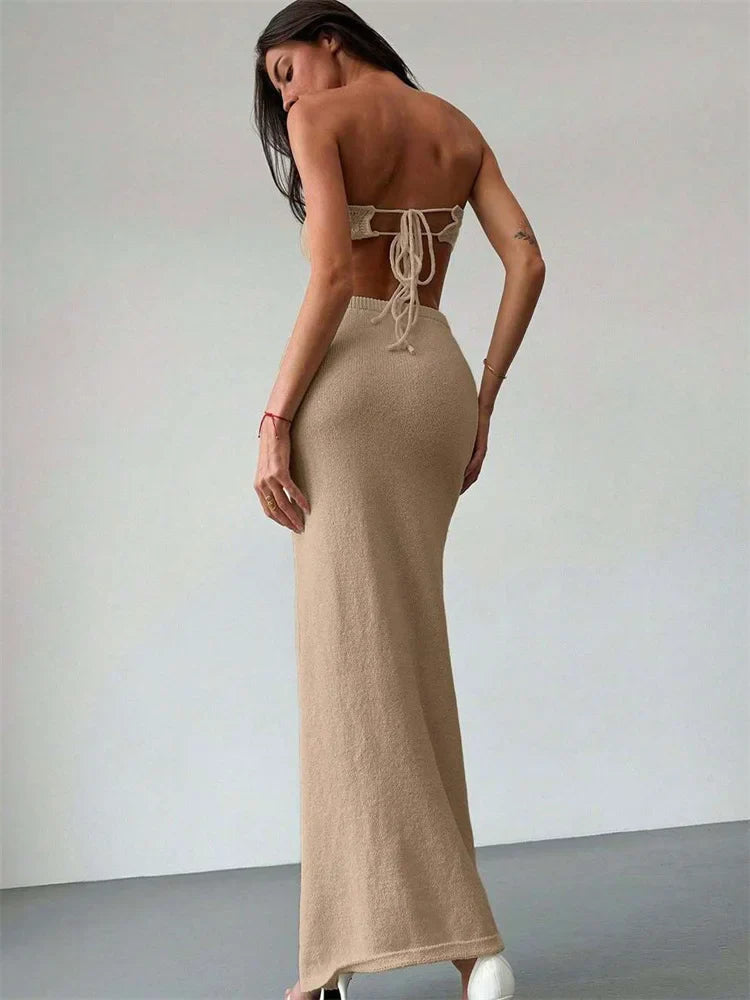 Floral Patchwork Knit Tube Top and Maxi Skirt Co-ord Set