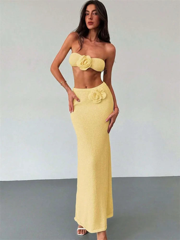 Floral Patchwork Knit Tube Top and Maxi Skirt Co-ord Set