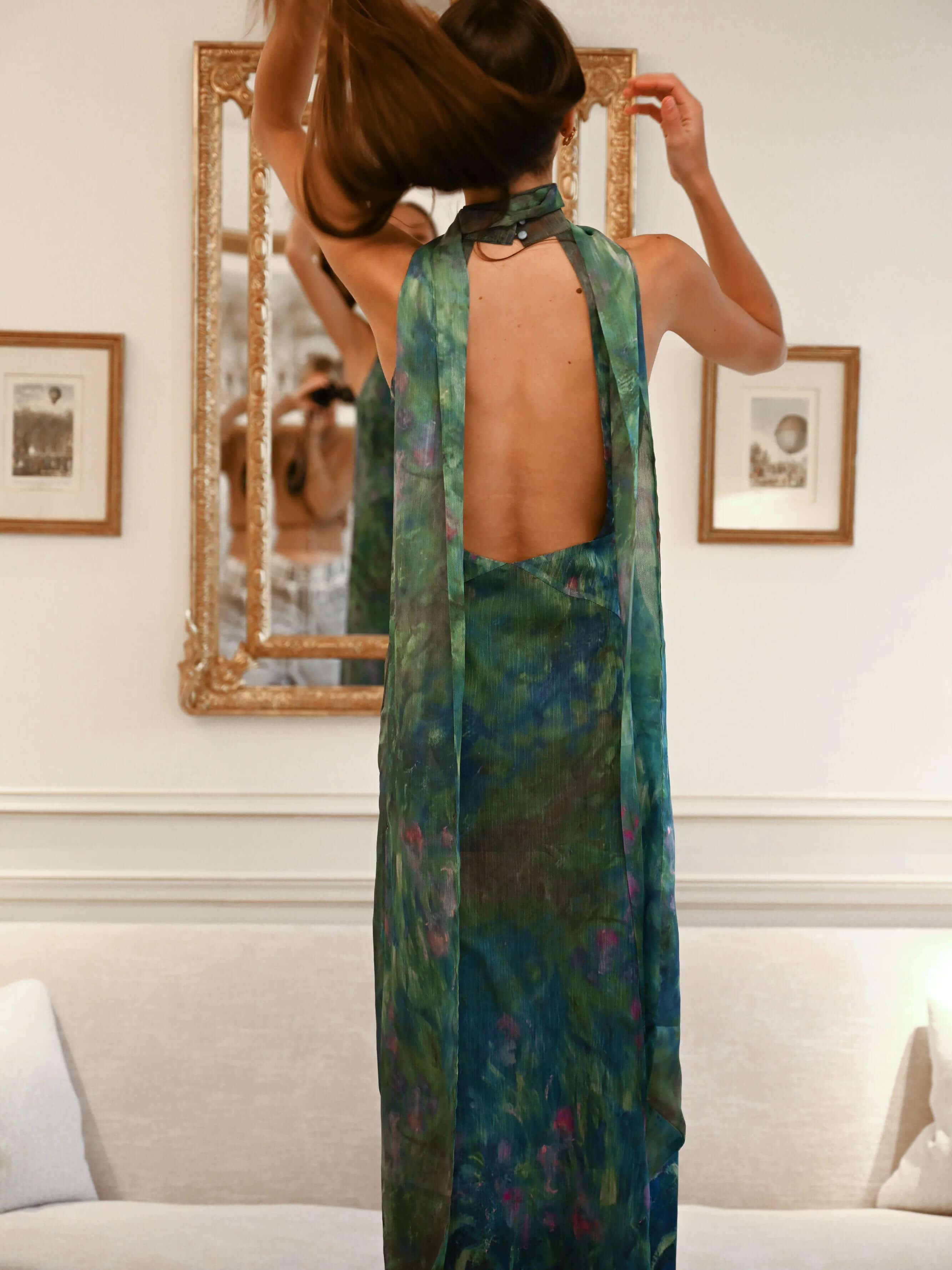 Floral Print Chiffon Maxi Dress with Open Back