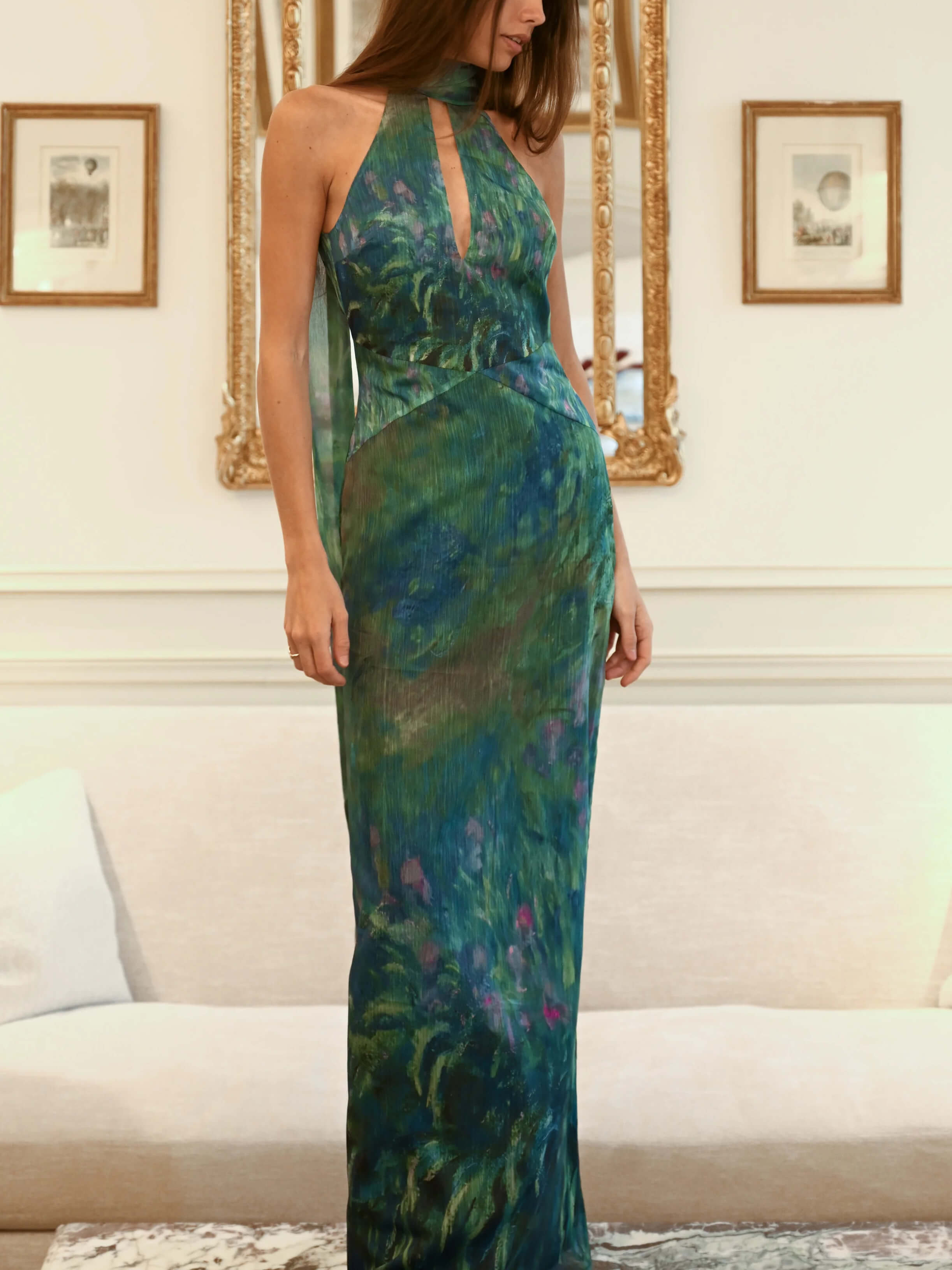 Floral Print Chiffon Maxi Dress with Open Back