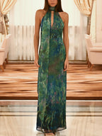 Floral Print Chiffon Maxi Dress with Open Back