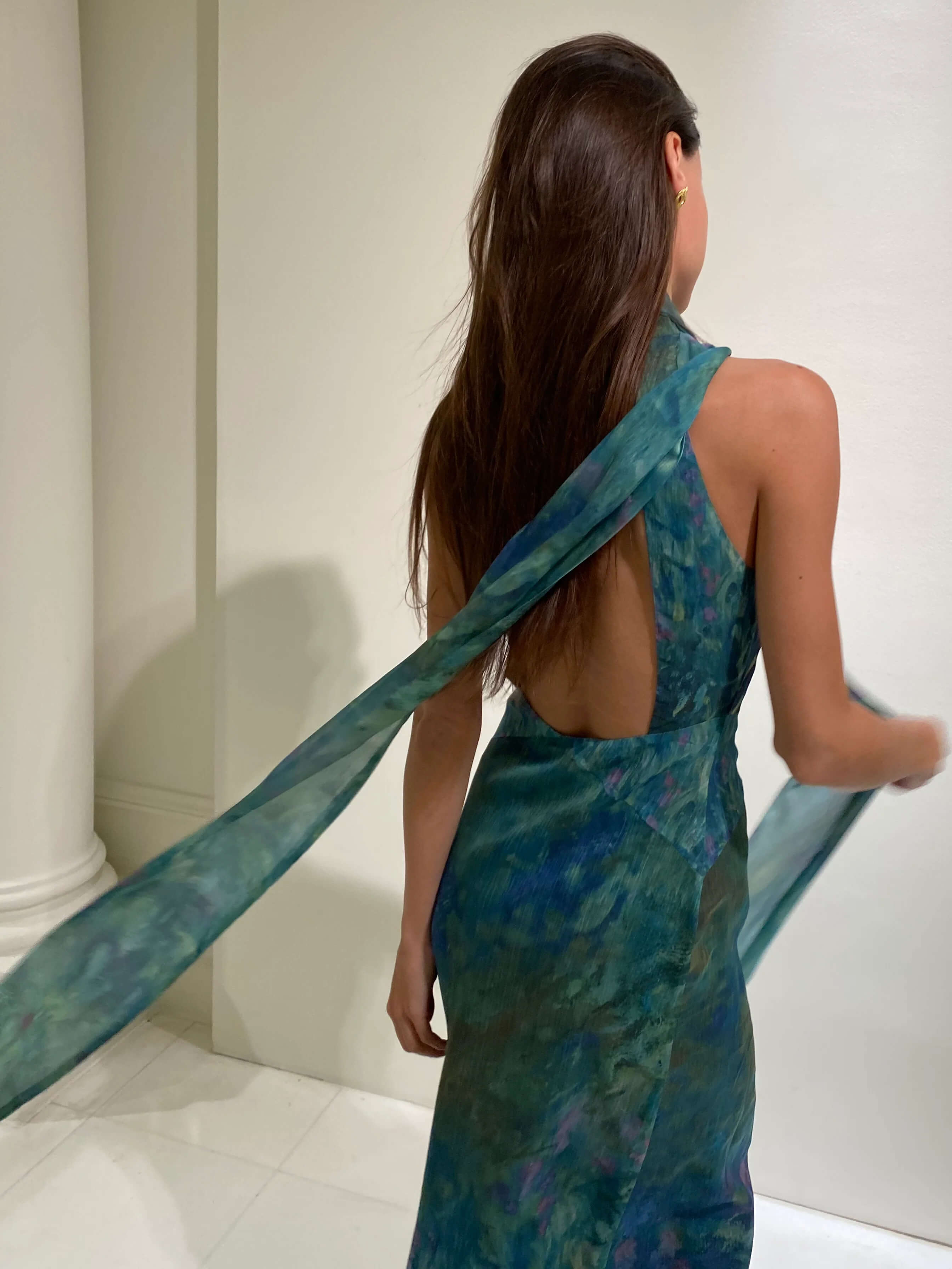 Floral Print Chiffon Maxi Dress with Open Back