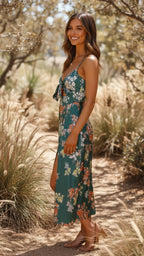 Floral Tie Front Sleeveless Slit Midi Dress